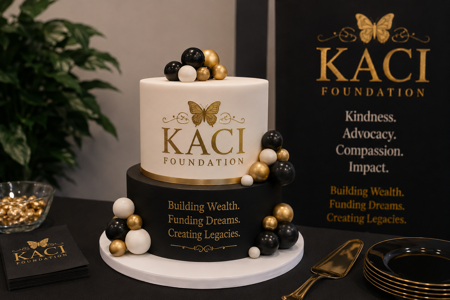 Kaci Foundation event — signature cake display with branding